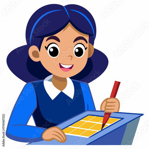 Cartoon girl writing on a notebook at her desk