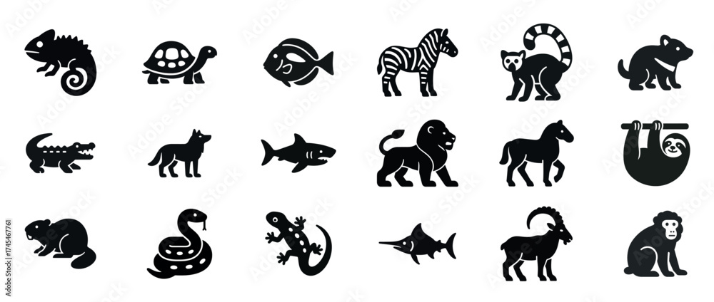 Naklejka premium Collection of various animal silhouettes: reptiles, mammals, fish, birds, amphibians. Black solid icons