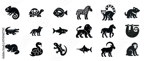 Collection of various animal silhouettes: reptiles, mammals, fish, birds, amphibians. Black solid icons