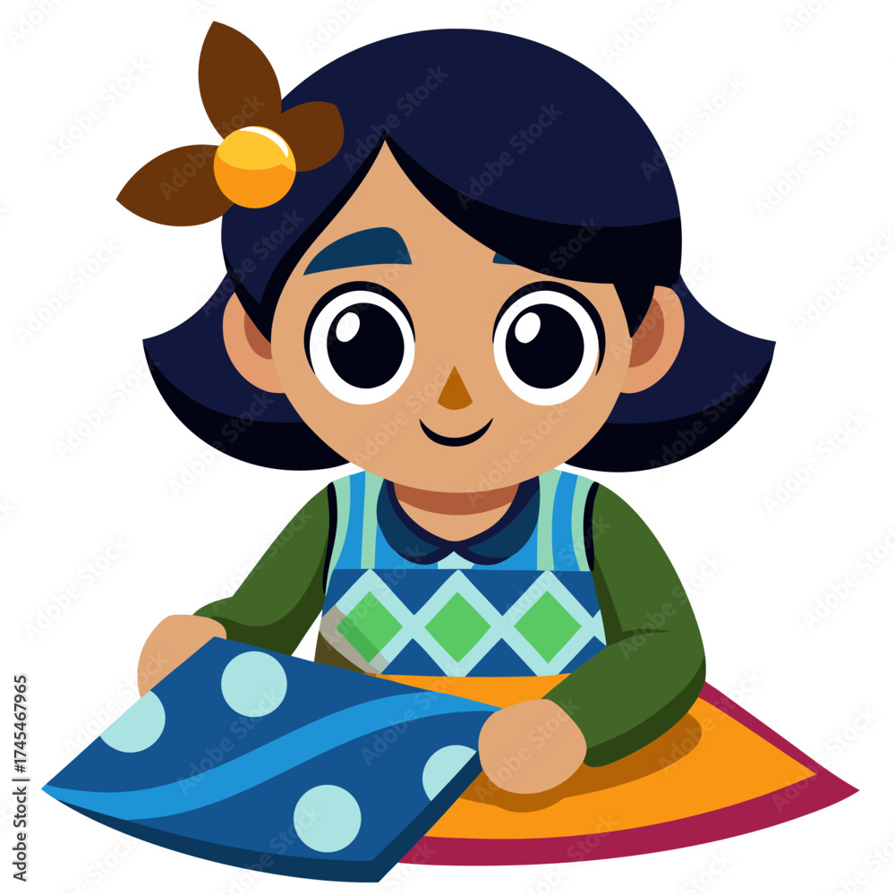 Fototapeta premium Cute cartoon girl holding a patterned blue blanket