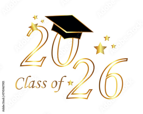 Class of 2026 Sign, Label, Typography, Graduation Cap, Vector. Class of 2026 logo, label, sign, badge, symbol, banner, line, flat vector, isolated illustration.
