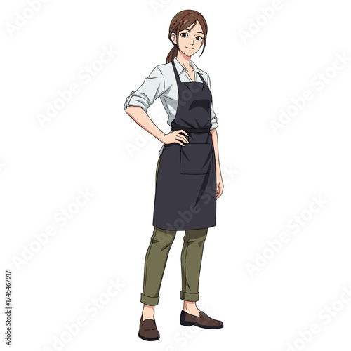 Confident young woman wearing an apron and standing with hands on hips  