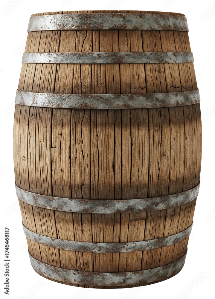 Obraz premium 3d illustration of wooden barrel with metal hoops, used for storing wine or other liquids isolated on transparent background