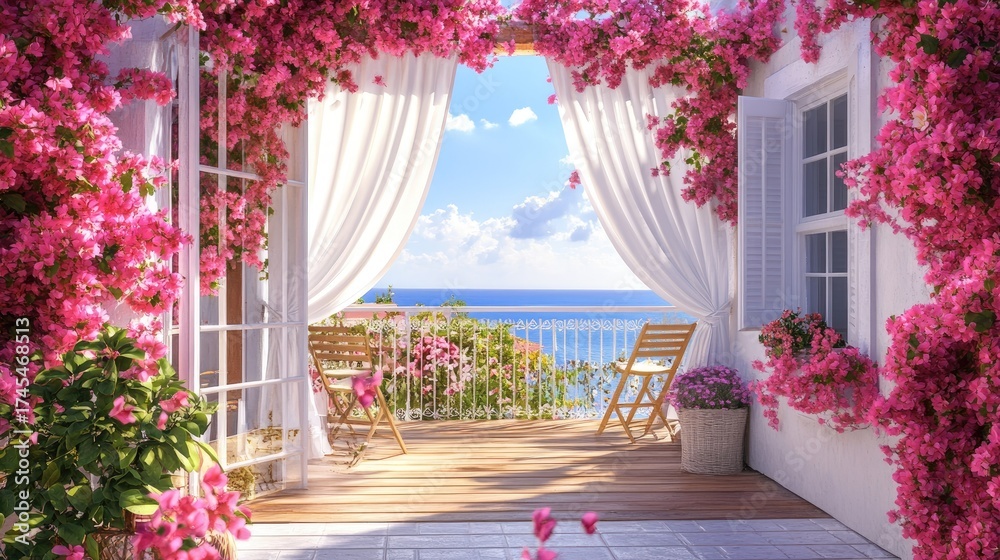 Fototapeta premium Serene Coastal Balcony Framed by Pink Blooms and Breathtaking View