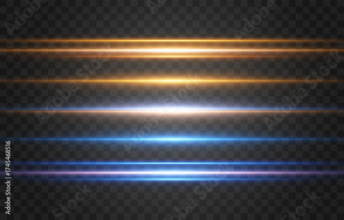 Abstract lights lines on png. Vector laser beams. Glowing streaks on dark background. Luminous neon lines isolated on trasparent backgound.