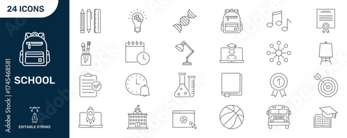 School And Education Icon Set. Academic Tools, Learning, And Student Life Outline Symbol Collection. Includes Backpack, Books, Diploma, And More. Editable Stroke. Isolated Vector Illustration