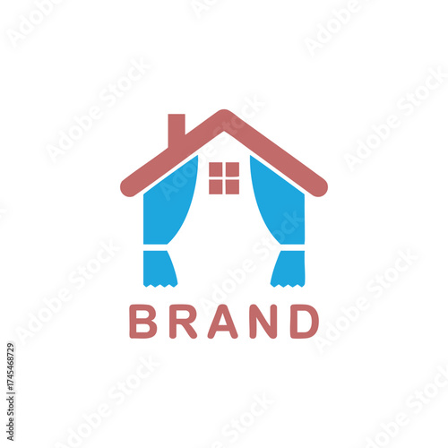 Modern house logo design with window curtains and brand name for real estate or home services