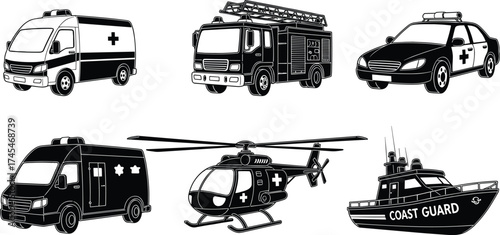 Black and white emergency vehicle vector illustration, ambulance, fire truck, police car, SWAT van, rescue helicopter, coast guard boat clipart