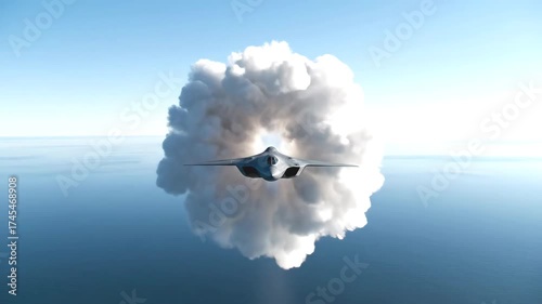 A futuristic stealth fighter jet breaking the sound barrier with a vapor cone shockwave over the ocean