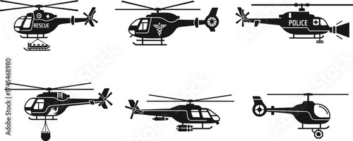 Black and white helicopter vector illustration, rescue helicopter, medical EMS helicopter, police helicopter, firefighting helicopter, military helicopter, civilian helicopter silhouette clipart