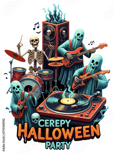 Creepy Halloween party band skeleton drums ghost guitars vibrant music scene