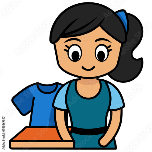 Happy woman with clothes vector cartoon flat illustration