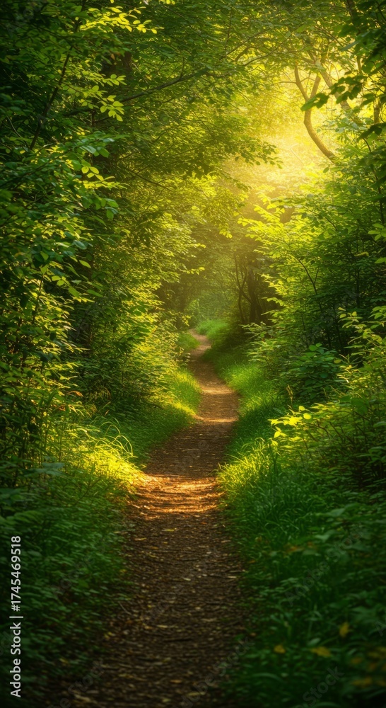 Fototapeta premium Sunlit Forest Path Through Lush Greenery in Summer Landscape