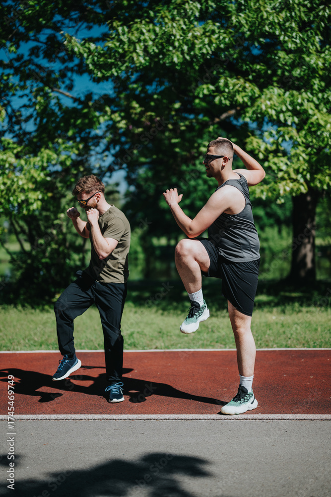 Obraz premium Two adult men practicing fitness activities together in a park surrounded by green nature.