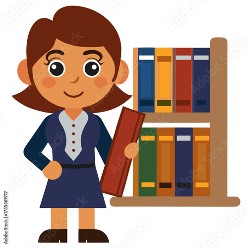 Smiling woman holding a book next to a bookshelf