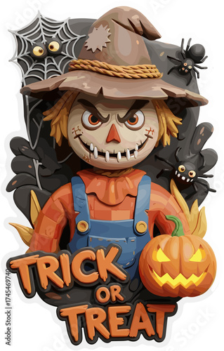 Spooky Halloween scarecrow pumpkin spiders Trick or Treat design Festive autumn holiday illustration