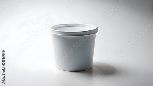 A plain white cylindrical container with a lid sits on a light gray surface with soft shadows