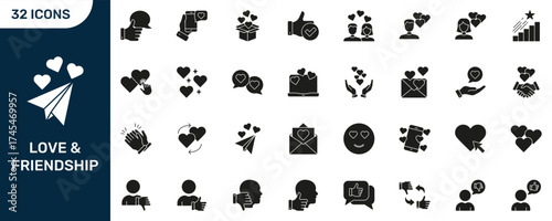 Love And Friendship Icon Set. Romantic Communication, Relationship Building, And Social Interaction Silhouette Symbol Collection. Expressing Affection And Connection. Isolated Vector Illustration