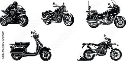 Black and white motorcycle vector illustration, sportbike, cruiser, touring motorcycle, scooter, dirt bike, motorbike silhouette, two wheel transport clipart