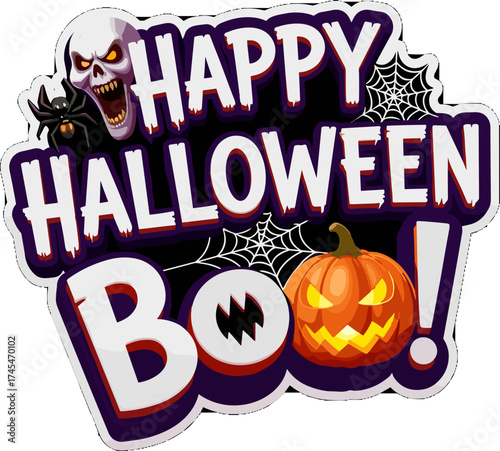 Happy Halloween Boo graphic with creepy skull glowing pumpkin spider webs Holiday fun