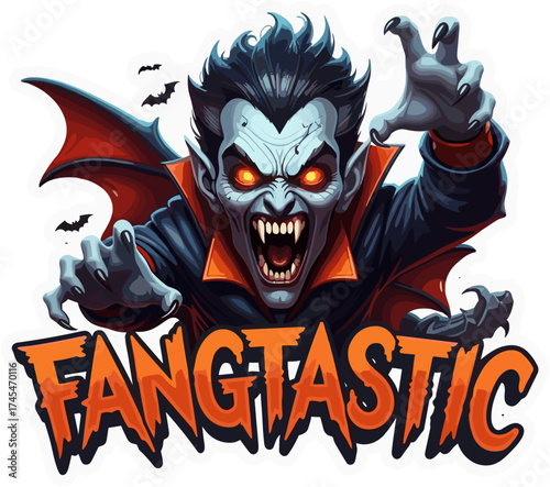 Cartoon vampire sticker with fangs glowing eyes bats and FANGTASTIC text