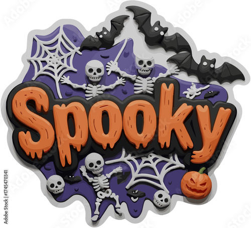 Whimsical 3D Spooky text skeletons bats and pumpkin Great for Halloween