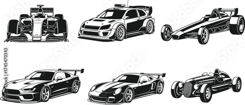 Black and white race car vector illustration, formula one, rally car, dragster, GT sports car, Porsche, vintage racing vehicle clipart