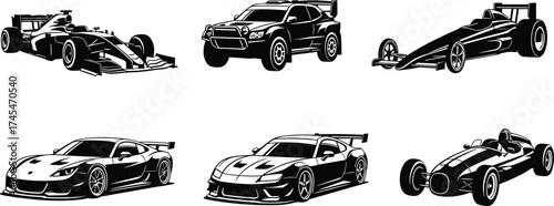 Black and white race car vector illustration, formula one, rally car, dragster, sports car, vintage formula racer, classic automobile clipart