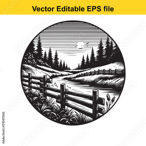 Vector art of scenic forest path with a fence and a gentle stream