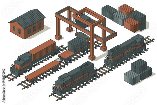 Isometric collection of rail transport and logistics assets including locomotives, freight cars, and containers