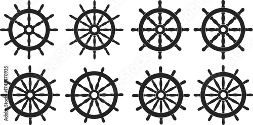 Nautical ship steering wheel icons, vintage helm symbols, maritime navigation design, sailor control wheel illustration, sea travel equipment, ocean adventure, marine transport, boating graphic art