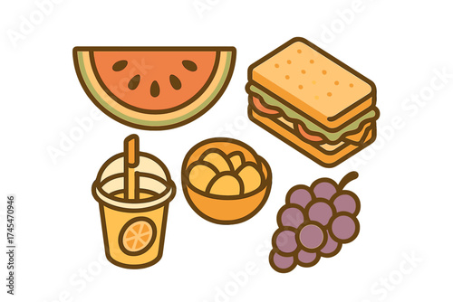 Stylized collection of picnic lunch items including sandwich, watermelon, grapes, juice, and chips