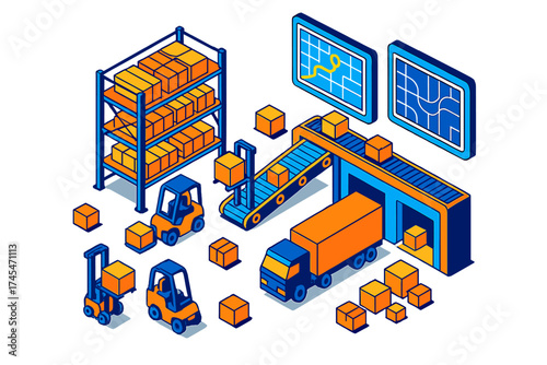 Isometric logistics warehouse operation with delivery truck, forklifts, conveyor belt, and storage racks