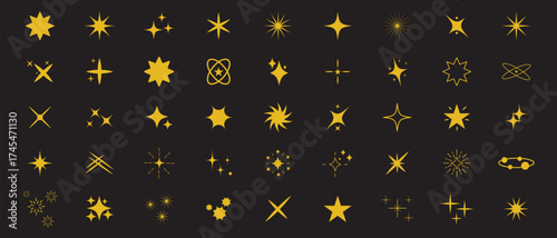 Set of original star sparkle shapes. Abstract shine effect vector sign. Retro futuristic bright vector icons collection. Glowing light effect, twinkle templates stars and bursts, shiny flash.