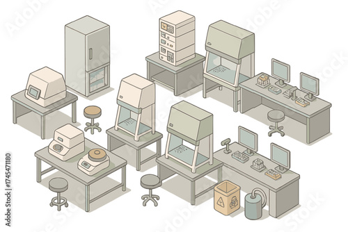 Modern scientific research laboratory setup with specialized equipment and computer workstations