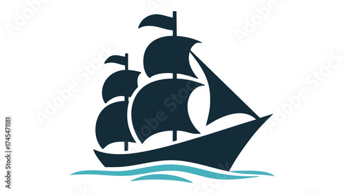 Classic tall ship silhouette sailing on wavy blue water nautical emblem maritime symbol
