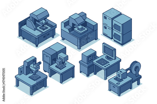 Isometric laboratory equipment collection for advanced scientific research and microchip production