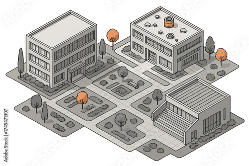 Isometric perspective of modern commercial buildings surrounding a landscaped park and courtyard area