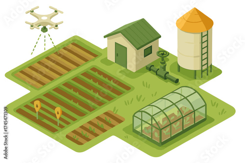 Modern agricultural complex featuring smart farming technology, drone monitoring, greenhouse, and silo storage
