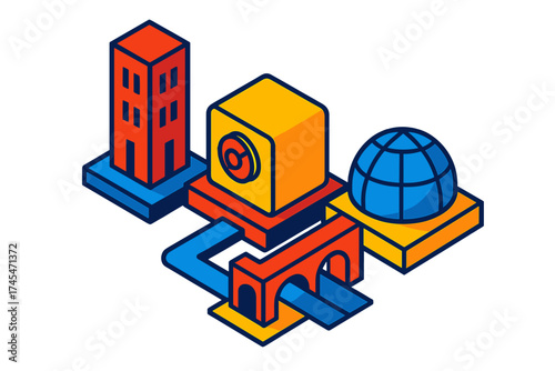 Stylized isometric urban environment showing connectivity between modern architecture and global data elements