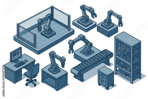 Industrial automation equipment set with robotic arms conveyor belt control desk and storage shelf