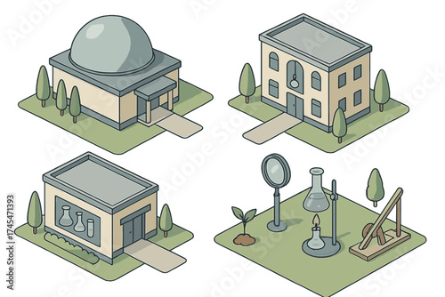 Isometric collection of science buildings, laboratory instruments, and historical research tools