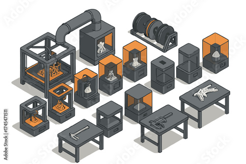 Isometric set of additive manufacturing machines, finished prototypes, filament rolls, and precision measurement instruments
