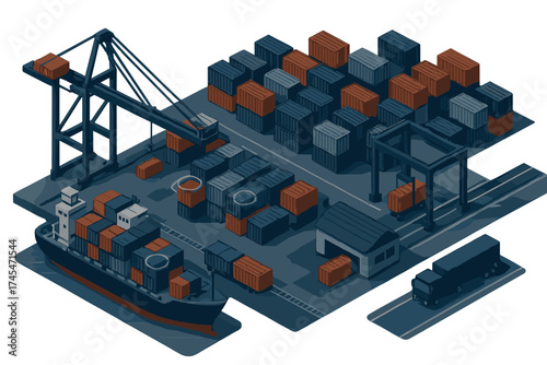 Isometric view of a busy international shipping port terminal with cargo containers, cranes, a large freighter ship, and a delivery truck