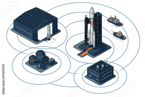 Isometric networked system of a space launch facility with rockets and support buildings