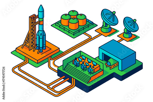 Isometric space launch complex with rocket on pad, mission control center, fuel storage, and communication antennas