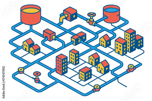 Isometric view of water supply distribution network connecting storage tanks to city buildings and residential houses