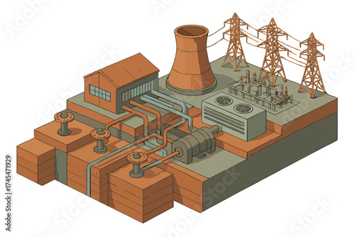 Industrial power generation facility with cooling tower and high voltage transmission lines