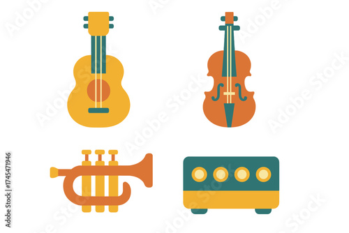 Stylized collection of musical instruments including guitar, violin, trumpet, and audio amplifier equipment