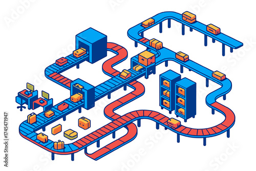 Automated sorting system with conveyor belts transporting packages and luggage in a warehouse environment